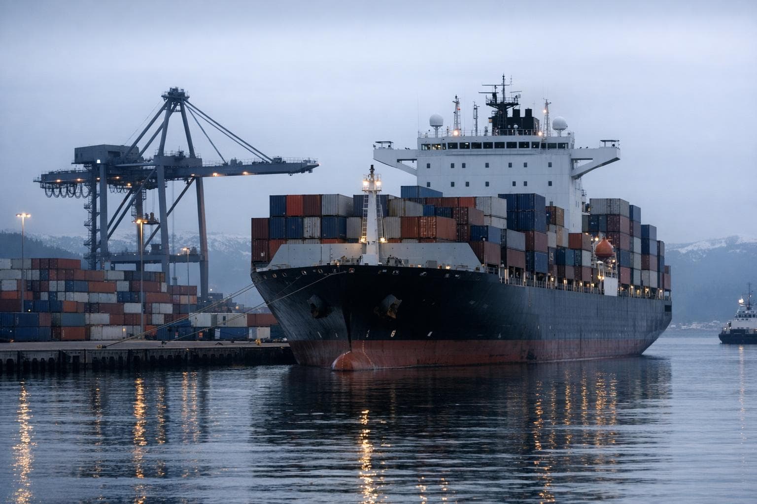 Containerskip ved kai i norsk havn i morgenlys, symbol på skipsfart og logistikk
