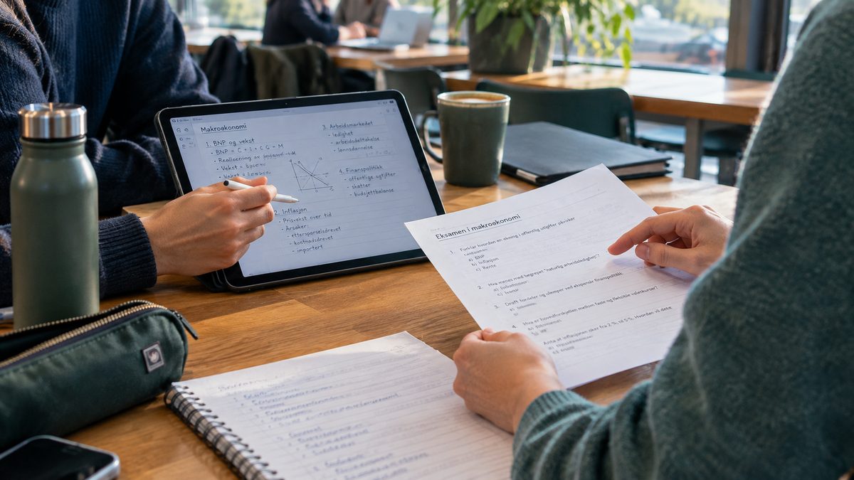 To studenter går gjennom en tidligere eksamen i makroøkonomi med nettbrett og notater