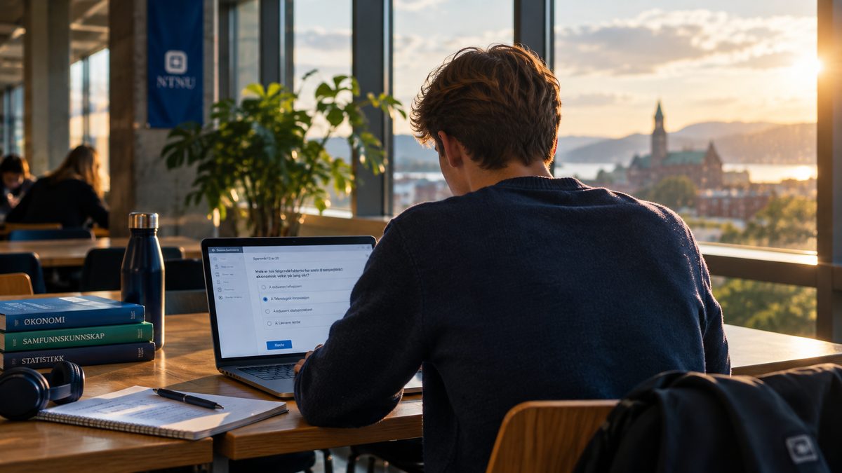 Student øver på flervalgsspørsmål på laptop i en lesesal ved solnedgang